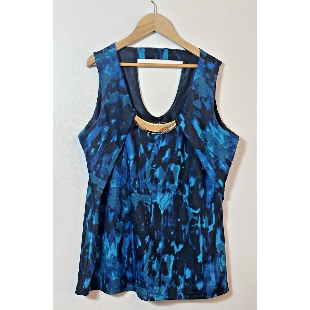 Metaphor Top Womens Large Blue Black Abstract Sleeveless Blouse Gold Hardware L